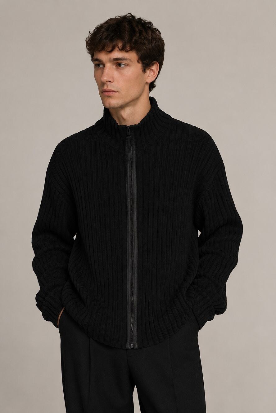 John Varvatos USA Black Ribbed Zip-Up Sweater Jacket Cotton Men’s L